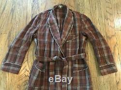 VTG 50s 60s Mid Century Heavy Flannel Wool Plaid Belted Mens Bathrobe Robe Large