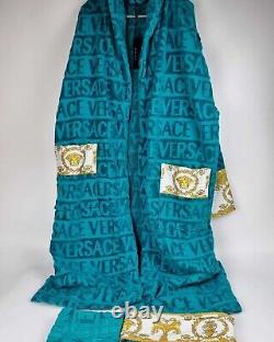 Versace Baroque And Greca Print Blue Long Unisex Bathrobe New