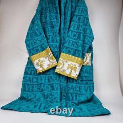 Versace Baroque And Greca Print Blue Long Unisex Bathrobe New