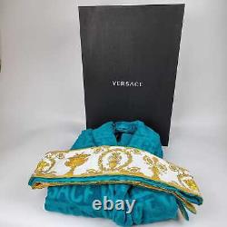 Versace Baroque And Greca Print Blue Long Unisex Bathrobe New