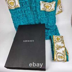 Versace Baroque And Greca Print Blue Long Unisex Bathrobe New