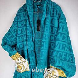 Versace Baroque And Greca Print Blue Long Unisex Bathrobe New