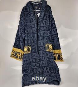 Versace Baroque And Greca Print Dark Blue Long Unisex Bathrobe New