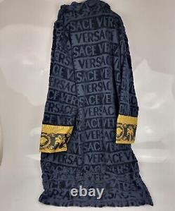 Versace Baroque And Greca Print Dark Blue Long Unisex Bathrobe New