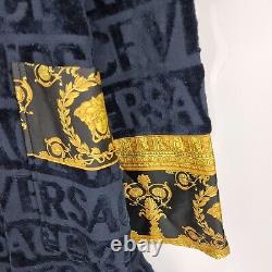 Versace Baroque And Greca Print Dark Blue Long Unisex Bathrobe New