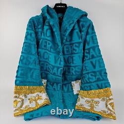 Versace Baroque Greca Print Blue Short Unisex Bathrobe New