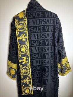 Versace Bath Robe Black Mens Embossed Logo Medium Size VG Condition
