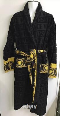 Versace Bathrobe Wolfe Black Crushed Terry Pattern With Tie Gold Medusa Print XL