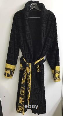 Versace Bathrobe Wolfe Black Crushed Terry Pattern With Tie Gold Medusa Print XL