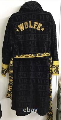 Versace Bathrobe Wolfe Black Crushed Terry Pattern With Tie Gold Medusa Print XL