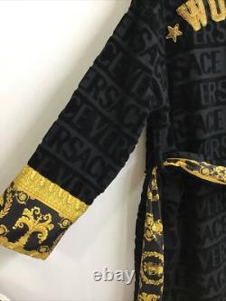 Versace Bathrobe Wolfe Black Crushed Terry Pattern With Tie Gold Medusa Print XL