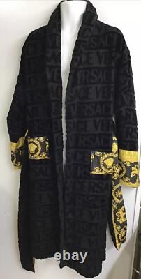 Versace Bathrobe Wolfe Black Crushed Terry Pattern With Tie Gold Medusa Print XL