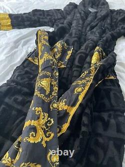 Versace Black and Gold Baroque Print Bathrobe Medium