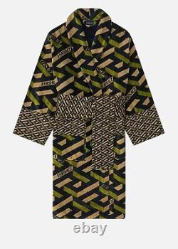 Versace La Greca Embroidered Sequence Silk Bathrobe In Khaki Size Medium