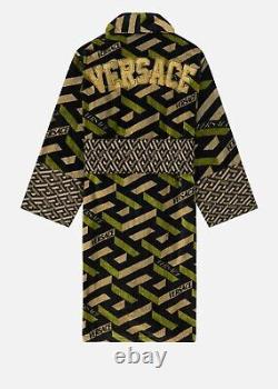 Versace La Greca Embroidered Sequence Silk Bathrobe In Khaki Size Medium