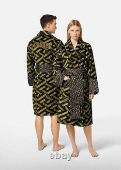 Versace La Greca Embroidered Sequence Silk Bathrobe In Khaki Size Medium