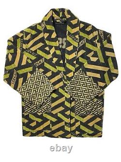 Versace La Greca Embroidered Sequence Silk Bathrobe In Khaki Size Medium