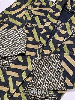 Versace La Greca Embroidered Sequence Silk Bathrobe In Khaki Size Medium