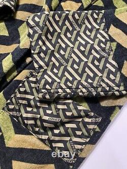 Versace La Greca Embroidered Sequence Silk Bathrobe In Khaki Size Medium