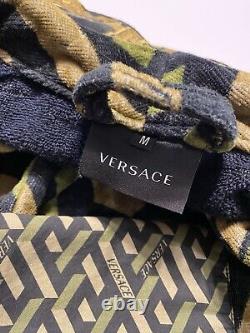 Versace La Greca Embroidered Sequence Silk Bathrobe In Khaki Size Medium