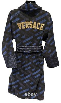 Versace Monogram Long Cotton Bathrobe Blue & Black Size L Authentic