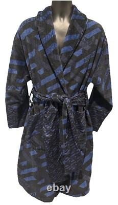 Versace Monogram Long Cotton Bathrobe Blue & Black Size L Authentic
