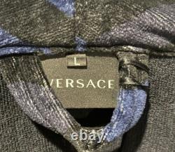 Versace Monogram Long Cotton Bathrobe Blue & Black Size L Authentic