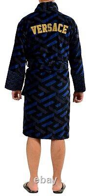 Versace Monogram Long Cotton Bathrobe Blue & Black Size L Authentic