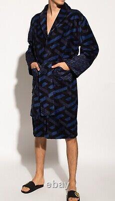 Versace Monogram Long Cotton Bathrobe Blue & Black Size L Authentic