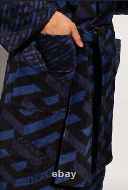 Versace Monogram Long Cotton Bathrobe Blue & Black Size L Authentic