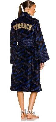 Versace Monogram Long Cotton Bathrobe Blue & Black Size L Authentic