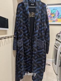 Versace Monogram Long Cotton Bathrobe Blue & Black Size XL AUTHENTIC