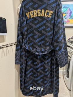 Versace Monogram Long Cotton Bathrobe Blue & Black Size XL AUTHENTIC