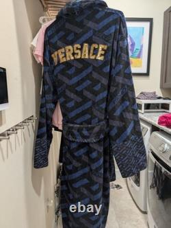 Versace Monogram Long Cotton Bathrobe Blue & Black Size XL AUTHENTIC