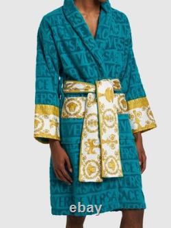 Versace Unisex Capri Blue 100% Cotton Belted Bathrobe Size 2XL