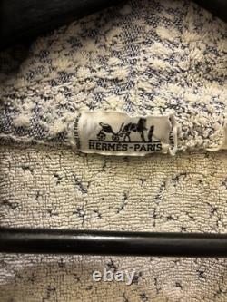 Vintage 70s/80s Hermes Bathrobe Heavy Embroidered Logo France Blue White Cotton