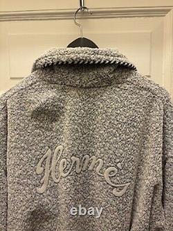 Vintage 70s/80s Hermes Bathrobe Heavy Embroidered Logo France Blue White Cotton