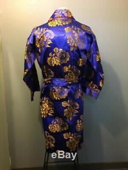 Vintage Blue Gold Silk Souvenir Smoking Bath Robe Kimono Japanese Mens M Japan