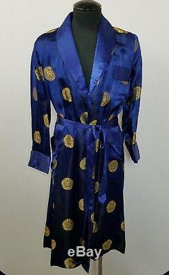 Vintage NOS Blue Satin Bathrobe Chinese Designs Swing Deco