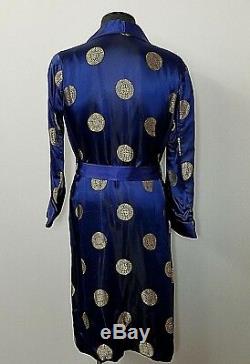 Vintage NOS Blue Satin Bathrobe Chinese Designs Swing Deco