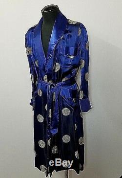 Vintage NOS Blue Satin Bathrobe Chinese Designs Swing Deco