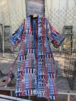 Vintage Pierre Cardin Hooded Bathrobe Robe Men's Cotton Terry Unique Print As Is