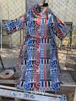 Vintage Pierre Cardin Hooded Bathrobe Robe Men's Cotton Terry Unique Print As Is