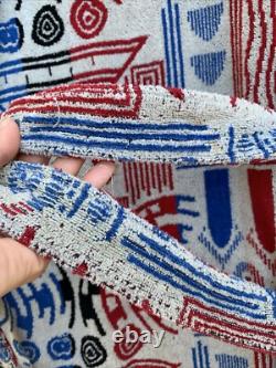 Vintage Pierre Cardin Hooded Bathrobe Robe Men's Cotton Terry Unique Print As Is