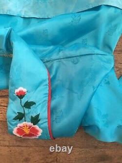 Vtg 40s 50s Japanese Souvenir Blue Red Silk Bath Robe Mens S-M Smoking Jacket