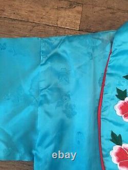 Vtg 40s 50s Japanese Souvenir Blue Red Silk Bath Robe Mens S-M Smoking Jacket