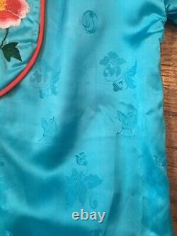 Vtg 40s 50s Japanese Souvenir Blue Red Silk Bath Robe Mens S-M Smoking Jacket
