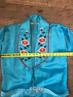 Vtg 40s 50s Japanese Souvenir Blue Red Silk Bath Robe Mens S-M Smoking Jacket