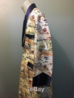 Vtg 40s 50s Japanese Souvenir Smoking Robe Jacket Mens L Silk Bathrobe Japan