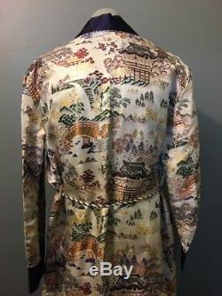 Vtg 40s 50s Japanese Souvenir Smoking Robe Jacket Mens L Silk Bathrobe Japan